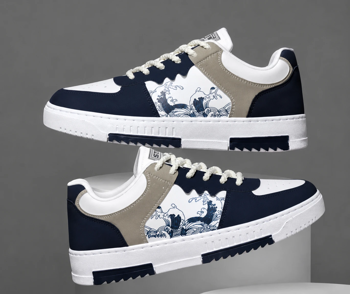 Men's Premium Casual Low-Top Sneakers – White, Navy Blue & Beige