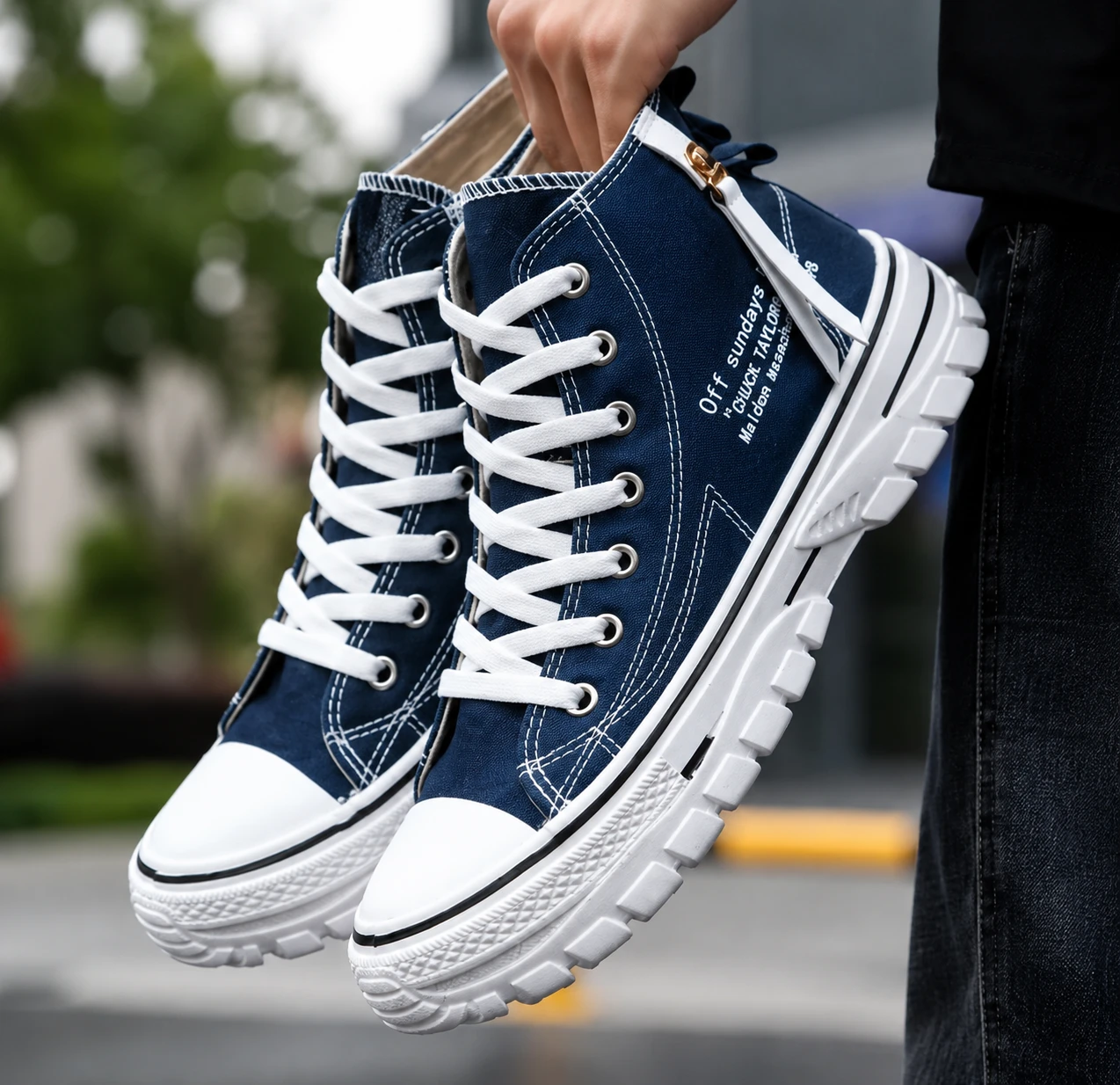 Unisex High-Top Canvas Sneakers – Navy Blue & White