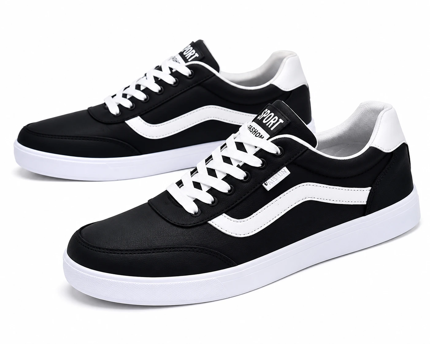 Men's Classic Black & White Casual Sneakers – Low-Top Lace-Up Shoes
