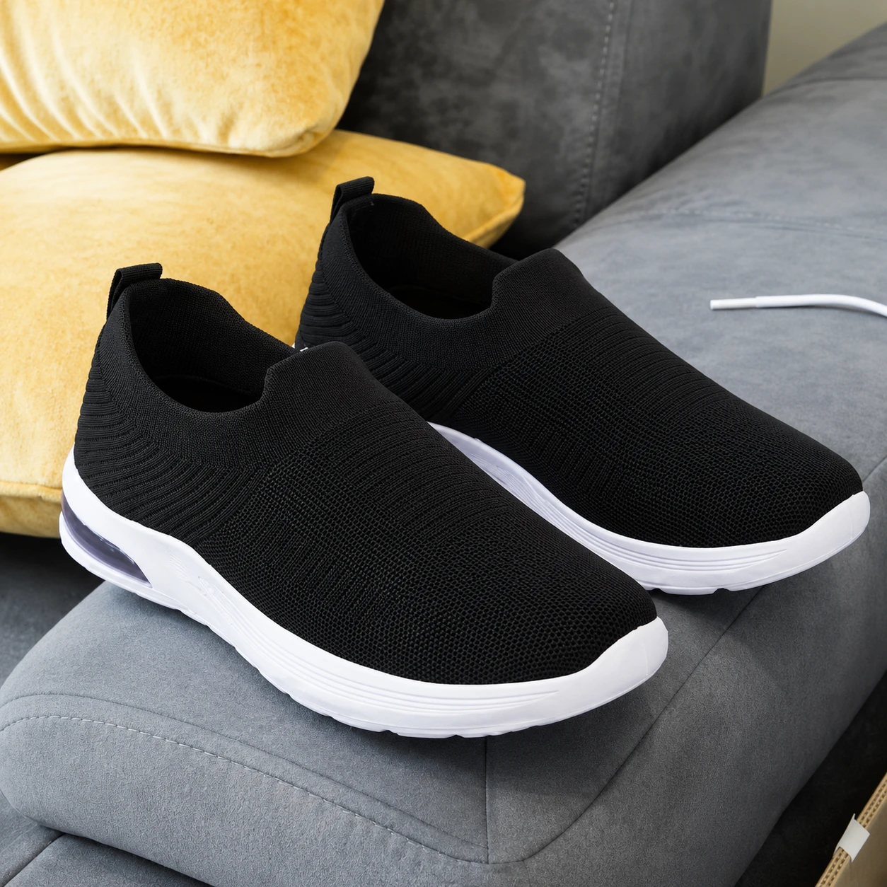 Men's Lightweight Slip-On Walking Shoes – Black Knit Casual Sneakers