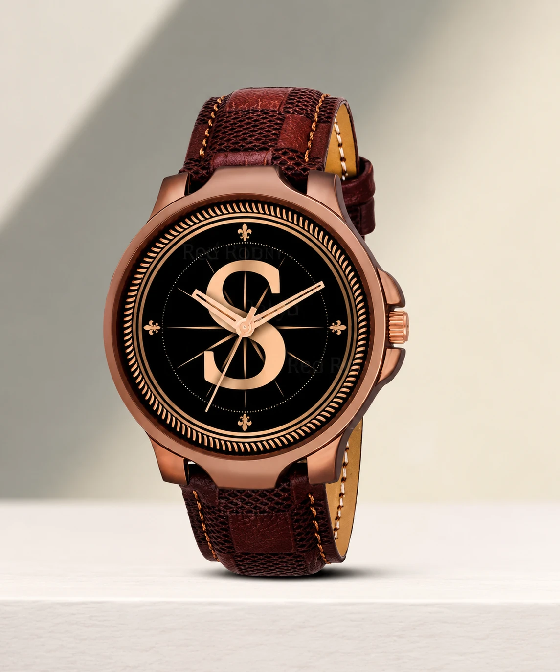 Luxury Rose Gold Analog Men's Watch with Brown Leather Strap