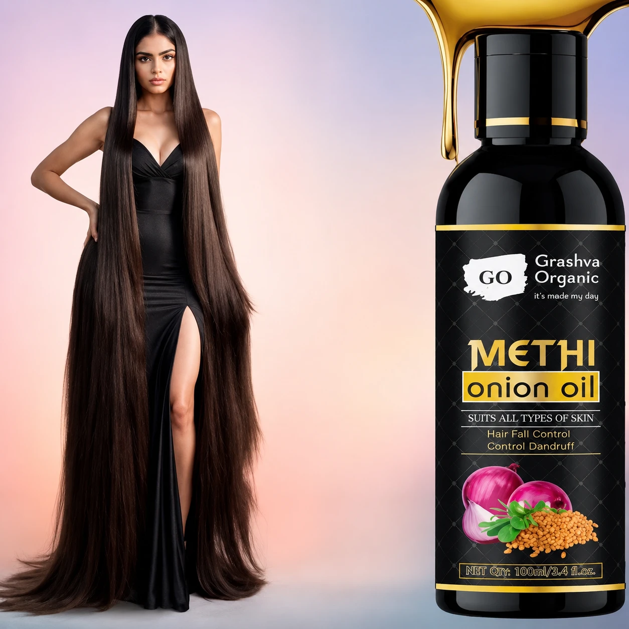 A nourishing hair oil enriched with natural fenugreek to help reduce hair fall, support healthy hair growth, minimize premature graying, and strengthen hair from root to tip for thicker, healthier-looking hair.