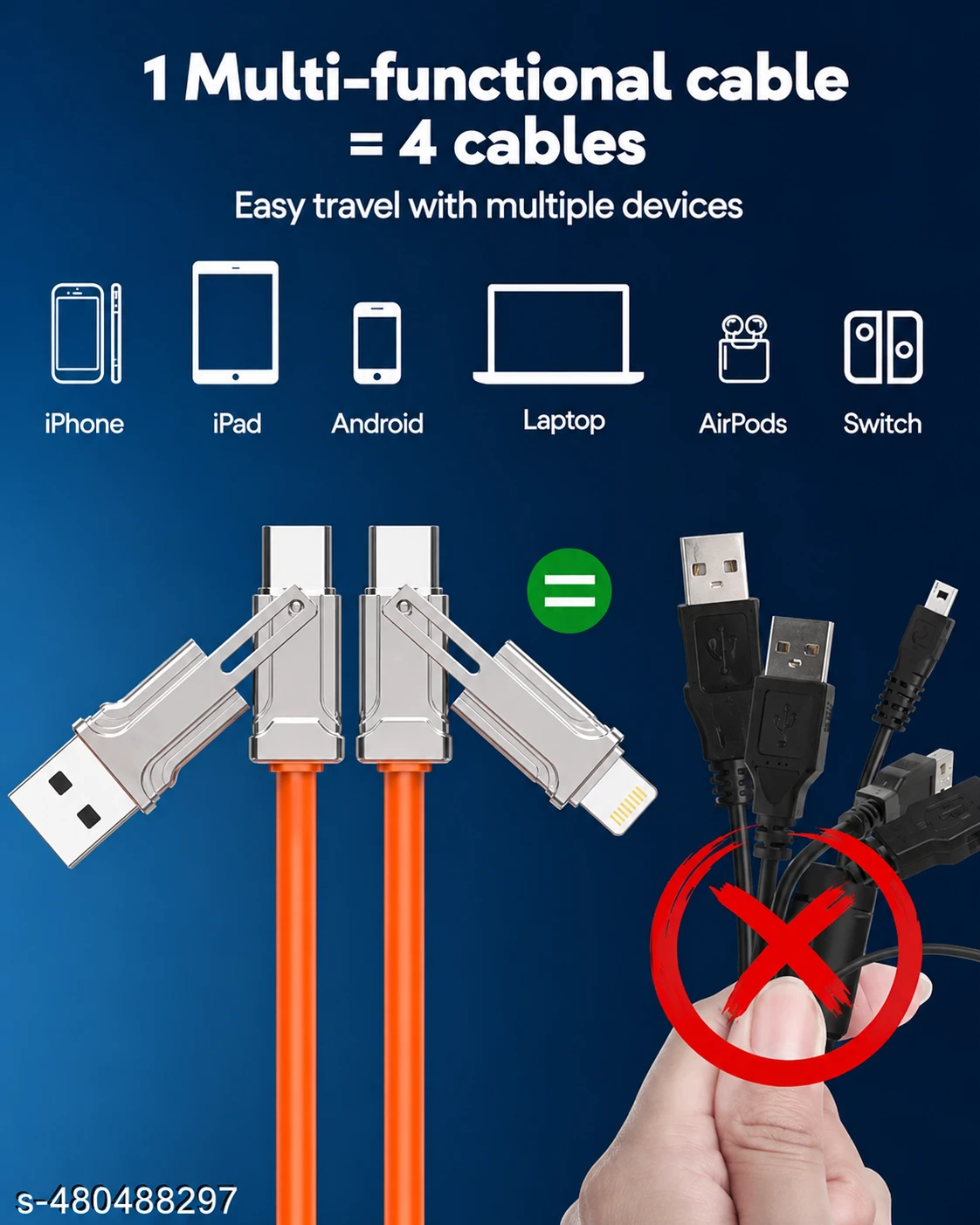 4-in-1 Multi-Functional Fast Charging Cable – USB, Type-C, Lightning & Micro USB
