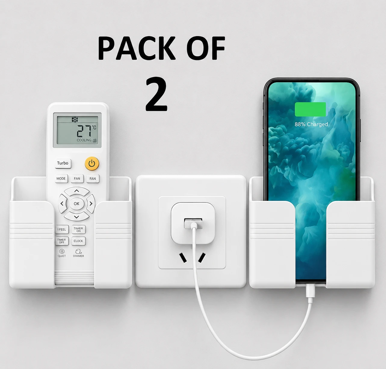 Pack of 2 Self-Adhesive Wall Mount Mobile Phone & Remote Holder – Multipurpose Storage Organize